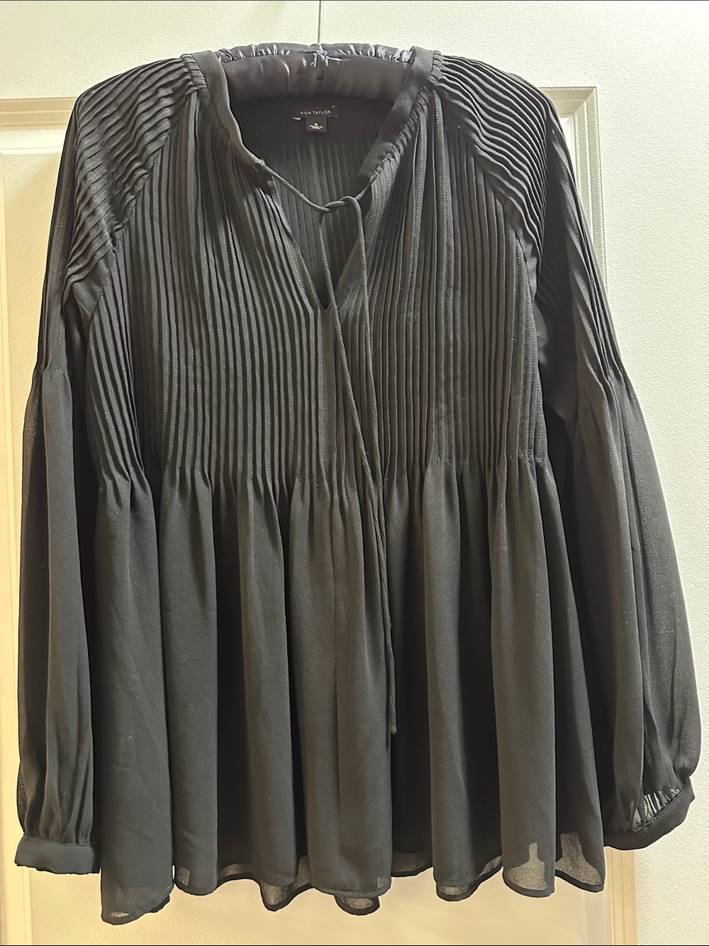Ann Taylor Black Pleated Peasant Blouse with Tie Neck